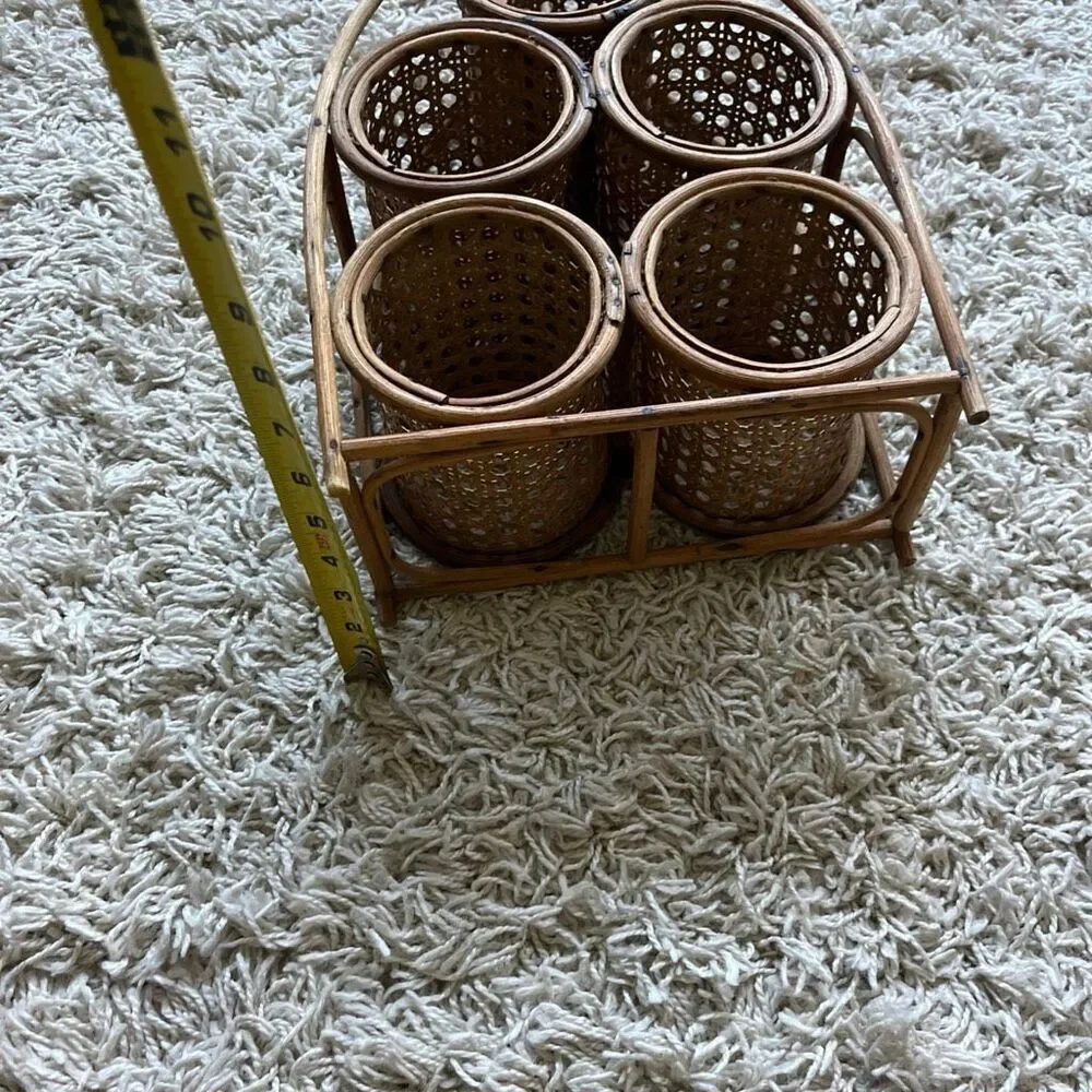 Vintage Wicker Wine Holder Rack/ Bent Bamboo and Rattan 5 Bottle Wine Rack with
